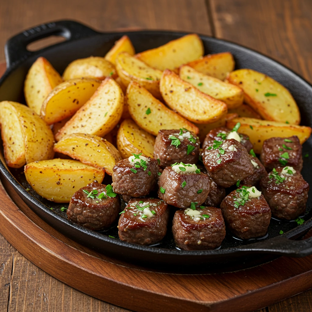 Garlic Butter Beef Bites & Potatoes